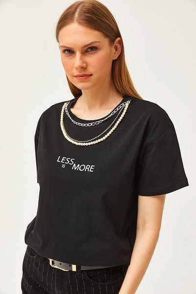 Olalook Schwarzes T-Shirt für Damen mit Halskette, detaillierter, bequemer Passform, TSH-19000778