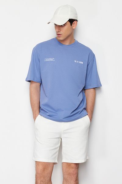 Trendyol Collection Μπλουζάκι από βαμβακερό εμπριμέ μπλε Oversize - TMNSS24TS00071