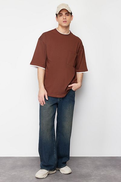 Trendyol Collection Oversize Brown Tok Piece Detailed Cotton T-Shirt - Tmnss24Ts00077