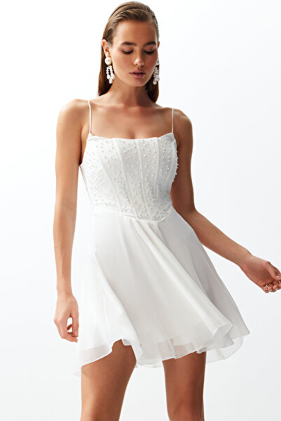 Trendyol Collection White Pearl Woven - Rochie scurta de nunta de seara TPRSS24EL00129