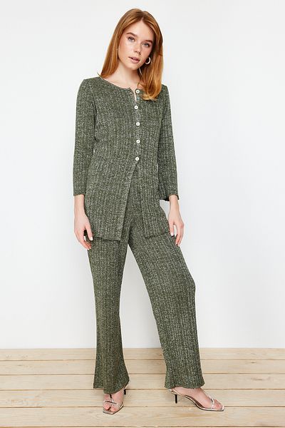 Trendyol Collection Khaki Glitter Cardigan-Pants Knitwear Top and Bottom Set TWOSS24AU00007