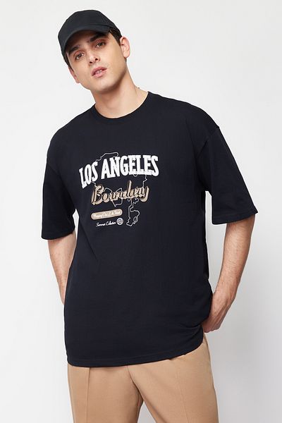 Trendyol Collection Black Oversize City Printed Embroidered 100% Cotton T-Shirt Tmnss24Ts00107