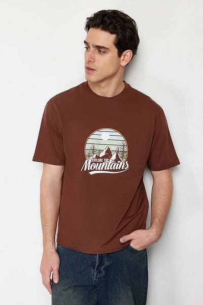 Trendyol Collection Scenery Printed Brown Oversize Cotton T-Shirt - Tmnss23Ts00206