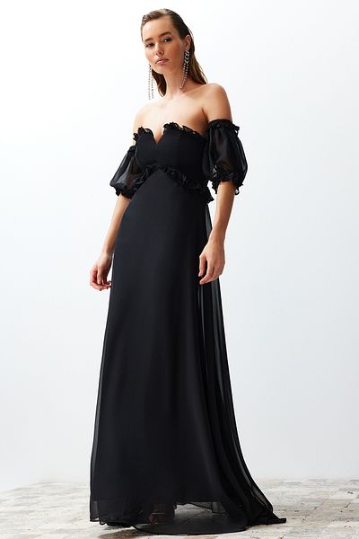 Trendyol Collection Чорна вечірня сукня ACesim на підкладці з тканим сифоном в обтяжку TPRSS22AE00047