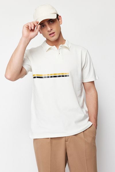 Trendyol Collection Polo Neck Stripe Printed White Cotton T-Shirt - Tmnss24Po00013