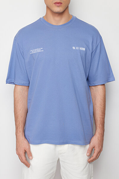 Kolekcia Trendyol Modré bavlnené tričko nadmernej veľkosti s potlačou - Tmnss24Ts00071