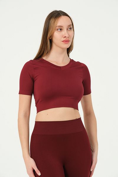 FOREVER MORE Tricou elastic fără cusături cu mânecă scurtă cu decolteu în V pentru femei