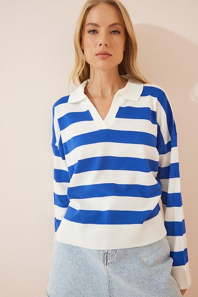 My love butik Women's Ecru Blue Polo Collar Striped Knitwear Sweater
