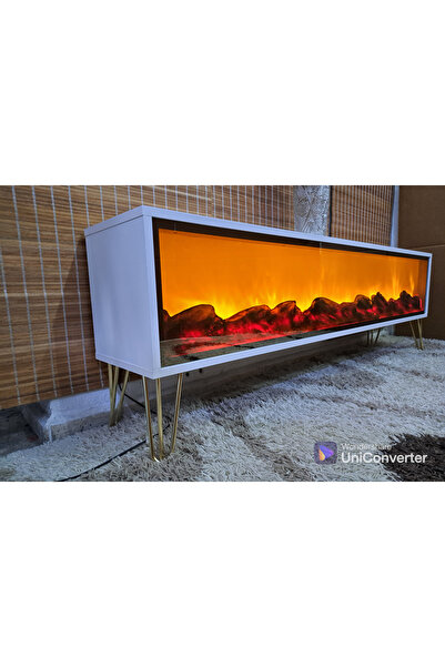 Butik şömine Tv Sehpası beyaz  Metel ayaklı 170cm Bluetootlu Ses Sistemi 3 Fa...