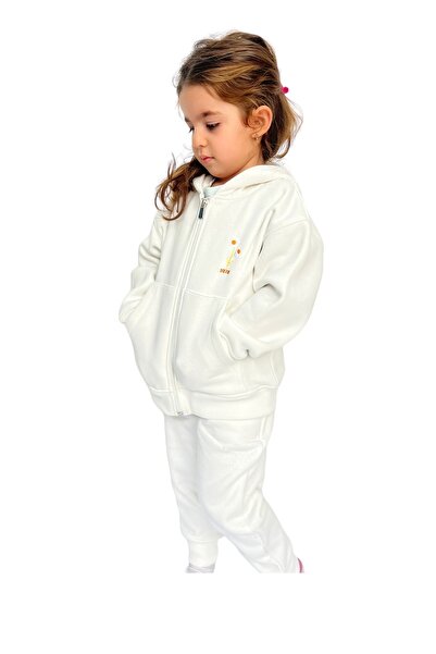 DGK COLLECTİON Soft Zippered Hooded Girl's Set of 2 with Daisy Embroidery Detail