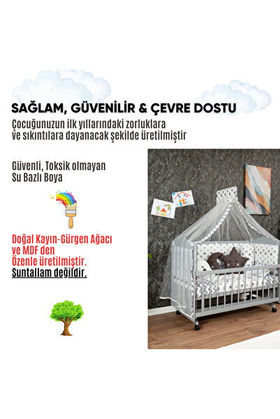 Baby Ahşap Mdf Anne Yanı Beşik, 60x120 4 Kademeli Lake Cilalı Sallanır Bebek Beşiği Tekerlekli Beşik