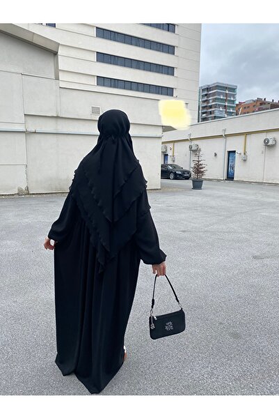 SAVANNAHSTAR Black Modern Hijab Abaya - Loose Chiffon Souffle Veil Shawl with Balloon Sleeve and Ankle Tie