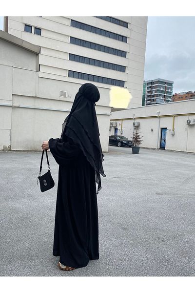 SAVANNAHSTAR Μαύρο μοντέρνο Hijab Abaya - Μπαλόνι μανίκι και δέσιμο στον καρπό, χαλαρό σάλι σουφλέ σιφόν με πέπλο