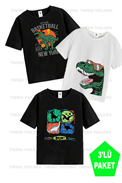 twins tailors Dinazorlu 3'lü Paket Unisex Beyaz-Siyah-Beyaz Çocuk Tişört/T-Shirt