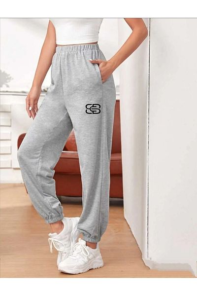 AEMİ Unisex εμπριμέ ψηλόμεσο ελαστικό πόδι Jogger γκρι φούτερ
