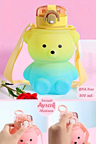 Madamev Smile Ayıcık Model Su Matarası 800ml Askılı Çocuk Okul Su Şişesi Pipe...