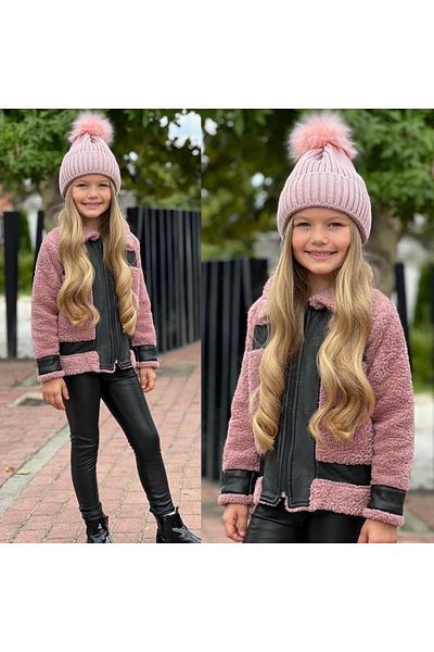 Calisa Girl's Plush Coat Coat Jacket Leather Leggings Pompom Beret 3-Piece Holiday Combination Set