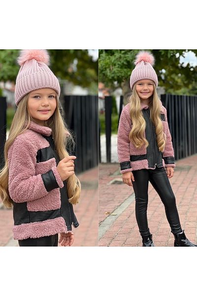 Calisa Girl's Plush Coat Coat Jacket Leather Leggings Pompom Beret 3-Piece Holiday Combination Set