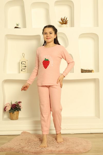 FAMES PİJAMA Girl's Strawberry Embroidered Long Sleeve Pajama Set