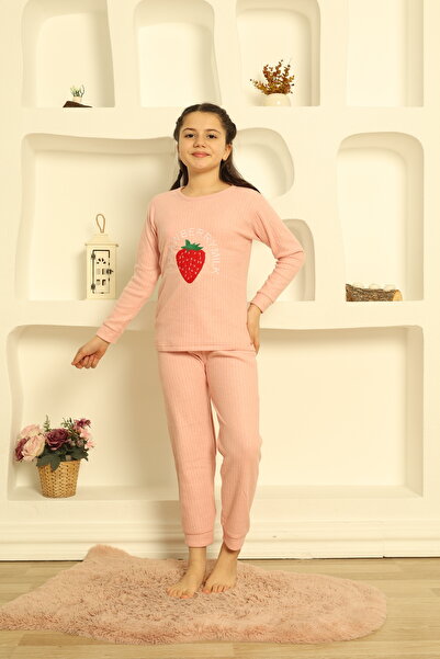FAMES PİJAMA Girl's Strawberry Embroidered Long Sleeve Pajama Set