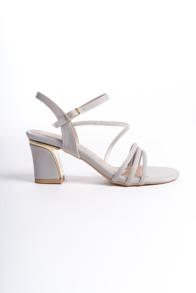 ZİESCE GREY WOMEN'S HEELED SANDALS SHOES WITH CROSSBAND STONE DETAIL