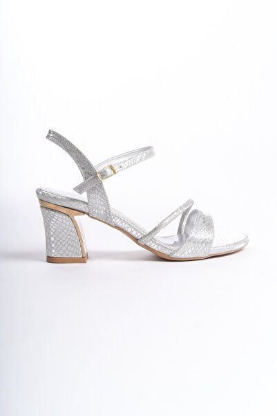 ZİESCE SILVER STRAPED SNAKE LEATHER PATTERNED WOMEN'S HEEL SHOES