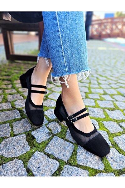 EPTC Siyah Süet FileliTüllü Mary Jane Kare Küt Burun Topuklu Ayakkabı TARAKLIAYKLR 1NO BÜYÜKALIN