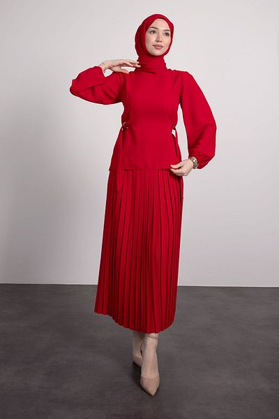 Lamia Giyim Red Hijab Pleated Tunique Set - Adjustable
