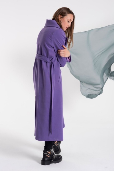 Pitti Women's Lilac Men's Collar Belted Pocket Lined Long Coat 70426