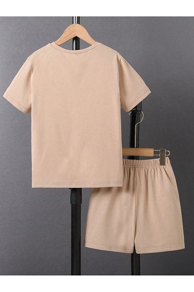 BYMEER Gulucuk Printed Beige Children's Bottom Top Shorts Set