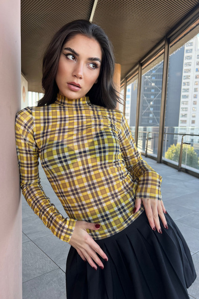 Bipantolon Women's Yellow Gingham Patterned Tulle Transparent Blouse