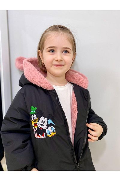 GZT TEKSTİL Girl's Black Coat Inside Pink Welsoft Fabric