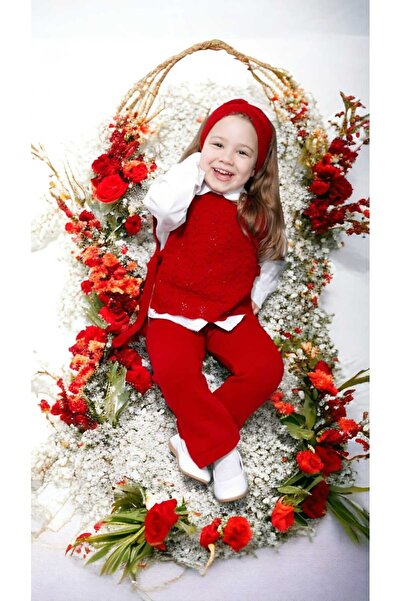 Meriç bebe Girl's 3-Piece Knitwear Set with Hair Band, Trousers, Open Sides and Tie Detail, Openwork Knitted Sweaters