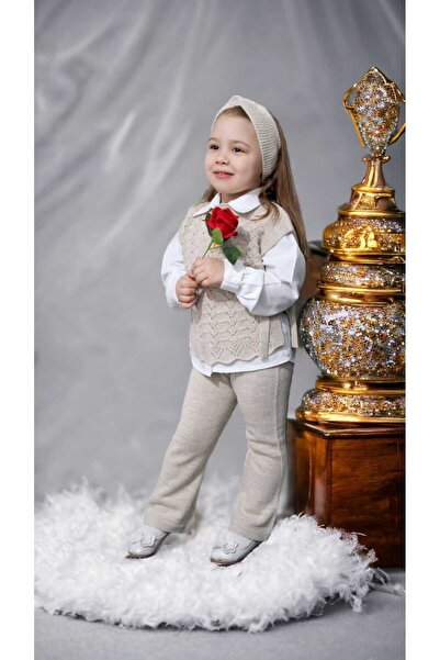Meriç bebe Girl's 3-Piece Knitwear Set with Hair Band, Trousers, Open Sides and Tie Detail, Openwork Knitted Sweaters