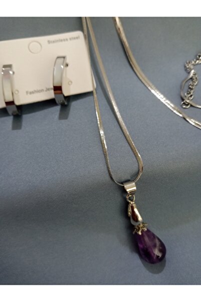 KobalBusiness Çelik set-60cm italyan zincirli doğal taş+oval sedefli klipsli ...