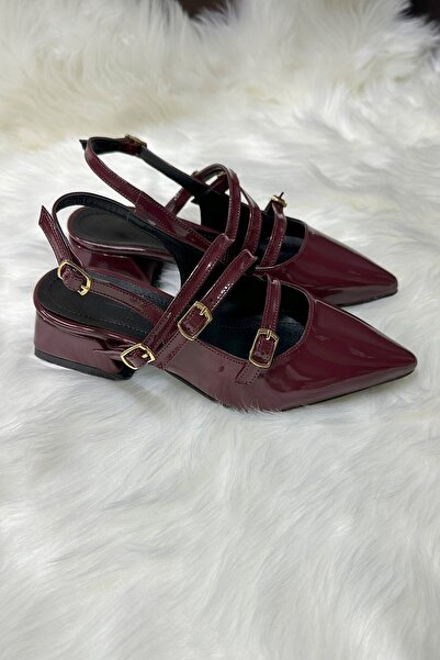 Nstil Daily Women's Patent Leather Pointed Toe Adjustable Belted Helmet Short Block Heeled Shoes 455