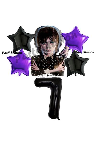 Parti Station 7 Years Old Wednesday Addams Black Purple Birthday Party Balloon Set