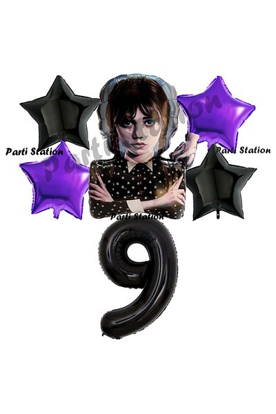 Parti Station 9 Years Old Wednesday Addams Black Purple Birthday Party Balloon Set