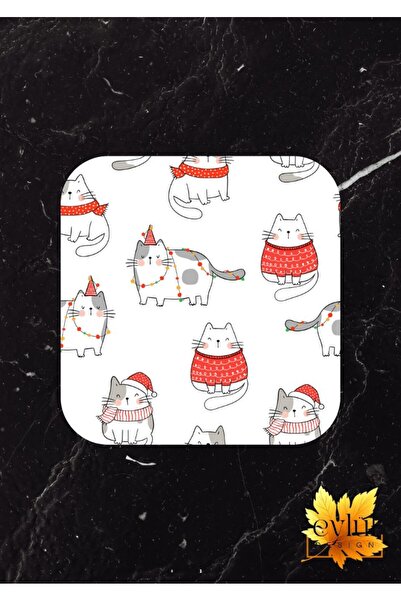 Eylül Design Cute Cats Printed Special Design Printed MDF Square Coasters