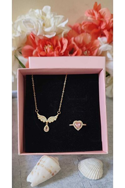HKN AVM ACCESSORİES Çelik 'm Yüzük Melek Kanatlı Pembe Taşlı Kolye Set