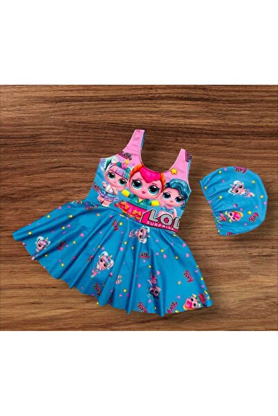 YDBKStore Kız Çocuk (2-8 yaş) LOL Baskılı Etekli Boneli Mayo Takım