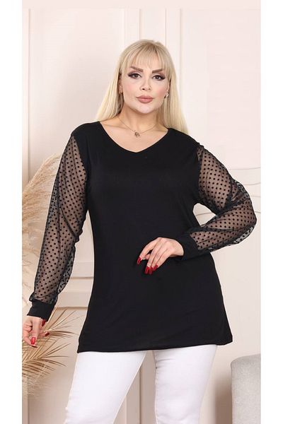 Butik Nilyam Women's Plus Size Lycra Blouse with Tulle Sleeves and V-Neck 23010 Black