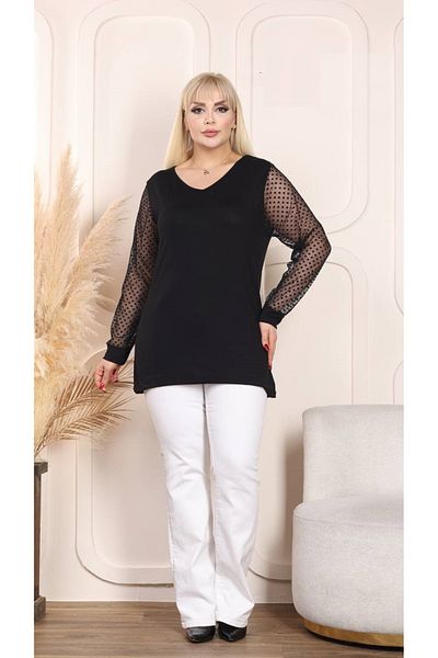 Butik Nilyam Women's Plus Size Lycra Blouse with Tulle Sleeves and V-Neck 23010 Black