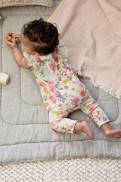 Next Baby Cotton Cream Sage Green Floral Patterned Short Sleeve Top and Bottom Set
