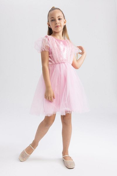 DeFacto Girl's Crew Neck Short Sleeve Tulle Dress Y7210a622sm