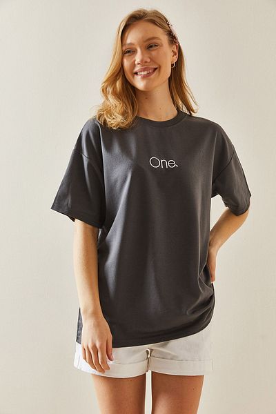 XHAN Anthracite Crew Neck Oversize T-Shirt with Writing on the Front 5YXK1-48002-36