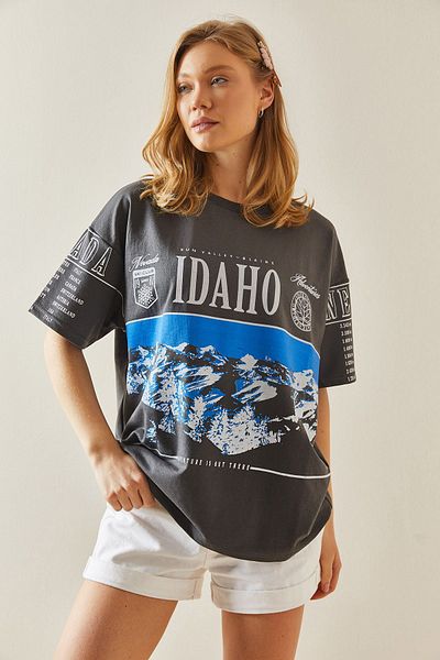 XHAN Anthracite Printed Crew Neck Oversize T-Shirt 5YXK1-48004-36