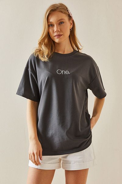 XHAN Anthracite Crew Neck Oversize T-Shirt with Writing on the Front 5YXK1-48002-36