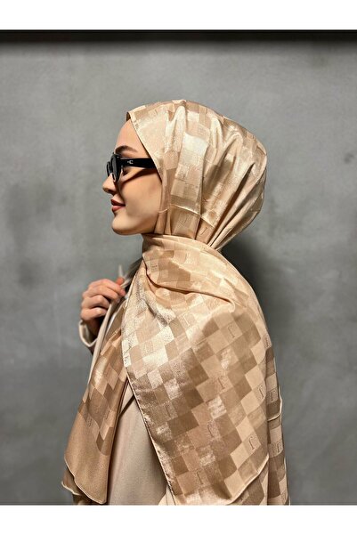 Scarf Tesettür Koyu Bej Dama Desen Jakarlı Şal