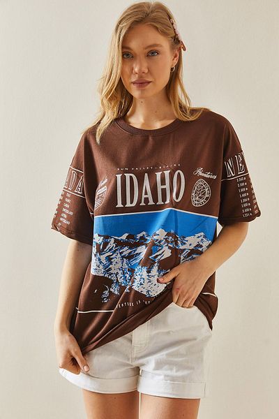 XHAN Brown Printed Crew Neck Oversize T-Shirt 5YXK1-48004-18
